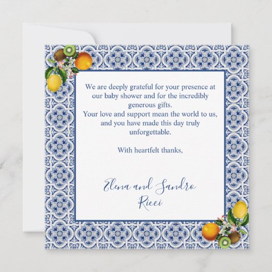 白と青のアマルフィレモンItaly赤ちゃんシャワー サンキューカード (裏面)