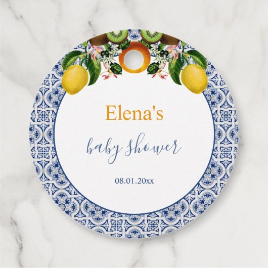 白と青のアマルフィレモンItaly赤ちゃんシャワー フェイバータグ (裏面)