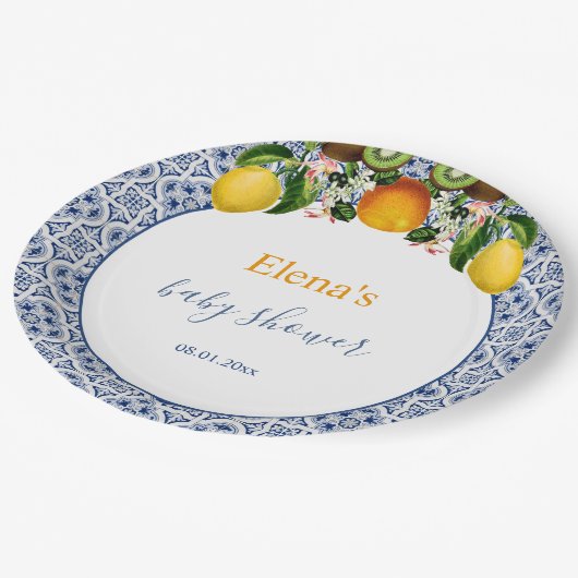 白と青のアマルフィレモンItaly赤ちゃんシャワー ペーパープレート (アングル)