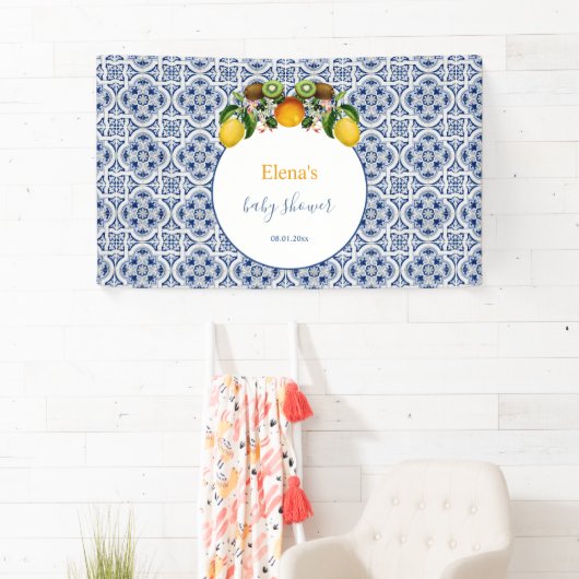 白と青のアマルフィレモンItaly赤ちゃんシャワー 横断幕 (インサイチュ)