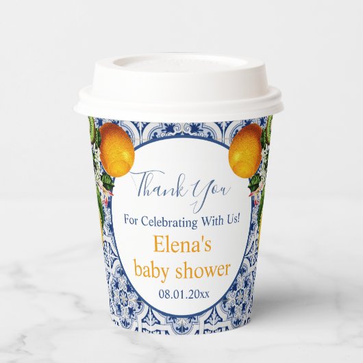 白と青のアマルフィレモンItaly赤ちゃんシャワー 紙コップ (左)