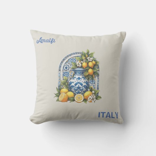 白と青のアマルフィ陶器花瓶レモンItaly クッション (正面)