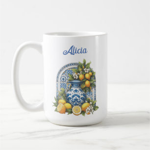 白と青のアマルフィ陶器花瓶レモンItaly コーヒーマグカップ