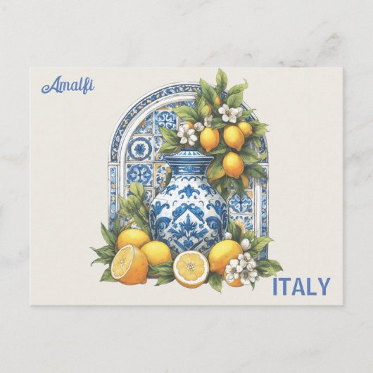 白と青のアマルフィ陶器花瓶レモンItaly ポストカード (正面)