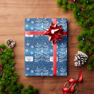 白と青のクリスマスツリーモノグラムの ラッピングペーパー