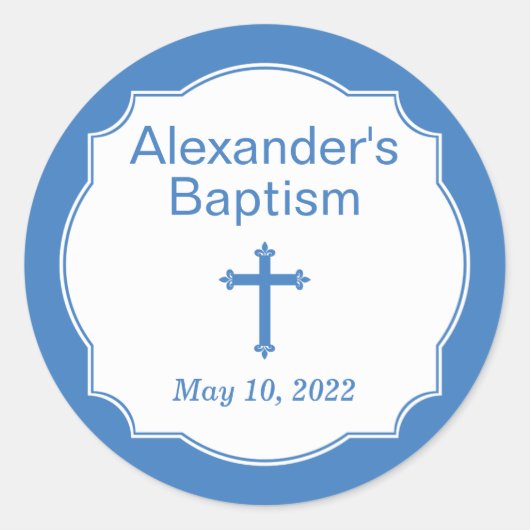 白と青のクロスバプティスラウンドステッカー ラウンドシール (正面)