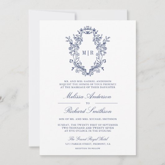 白と青のシノワズリーレリーフQRコード結婚式 招待状 (正面)