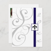 白と青のスクロールリボン卒業 招待状 (正面/裏面)