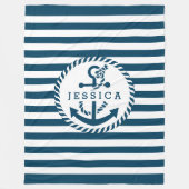 白と青のストライプとボ航海のートいかり2 フリースブランケット (正面)