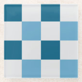 白と青のチェッカーボードパターン ガラスコースター (正面)