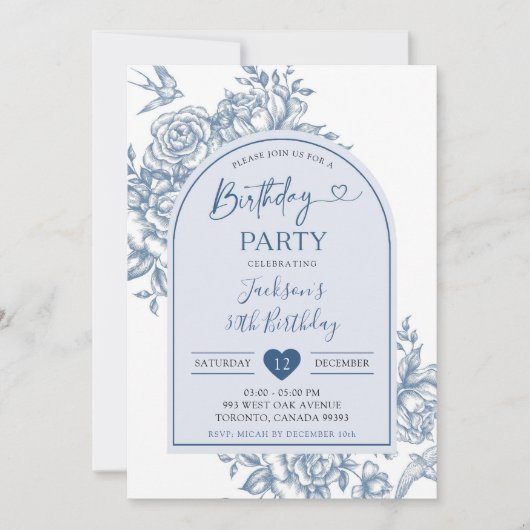 白と青のチャイノアイセリー誕生日パーティー 招待状 (正面)