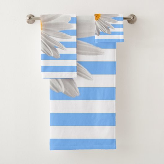 白と青のデイジーストライプバスルームのタオルのセット バスタオルセット (インサイチュ)