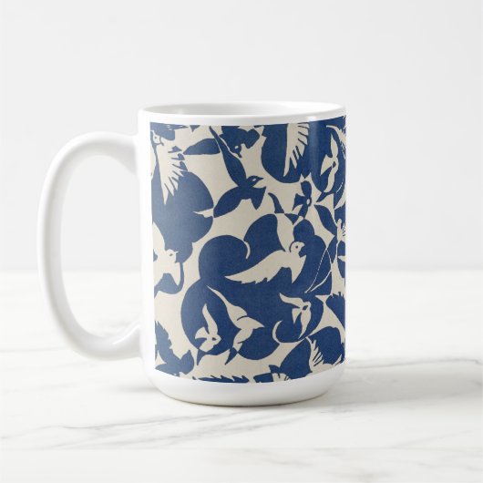 白と青のハトのヴィンテージデザイン コーヒーマグカップ (左)