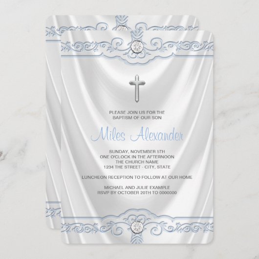 白と青のバプテスマ《キリスト教》洗礼式や命名式ホワイトサテン 招待状 (正面/裏面)