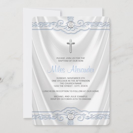 白と青のバプテスマ《キリスト教》洗礼式や命名式ホワイトサテン 招待状 (正面)