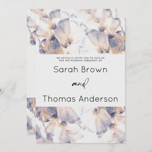 白と青のパテレ フローラル エレガント ウェディング 招待状 (正面/裏面)