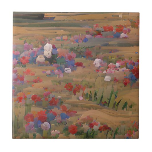 白と青のフィールドの花デジタルアート タイル (正面)