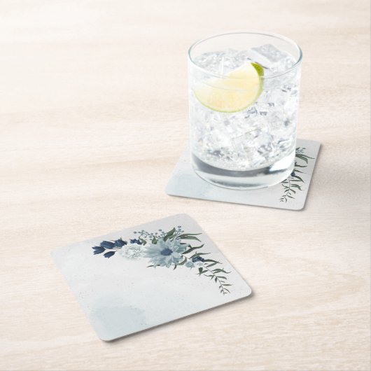 白と青のフローラの結婚緑 スクエアペーパーコースター (インサイチュ)