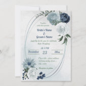 白と青のフローラの緑の幾何結婚図形 招待状 (正面)