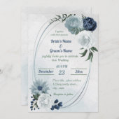 白と青のフローラの緑の幾何結婚図形 招待状 (正面/裏面)