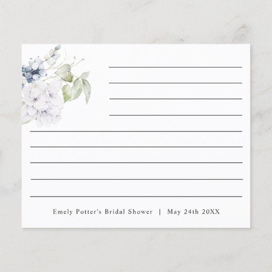 白と青のフローラブライダルシャワーレシピカード (裏面)