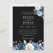 白と青のフローラブラック結婚式招待状 招待状 (正面)