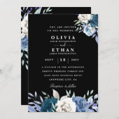 白と青のフローラブラック結婚式招待状 招待状 (正面/裏面)