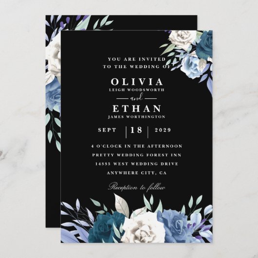 白と青のフローラブラック結婚式招待状 招待状 (正面/裏面)