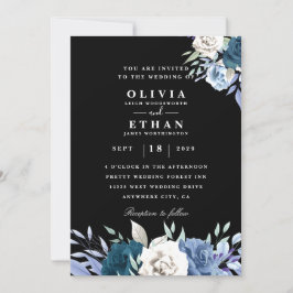 白と青のフローラブラック結婚式招待状 招待状