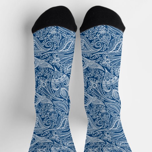 白と青のフローラペイズリー柄ソックス ソックス (上部)