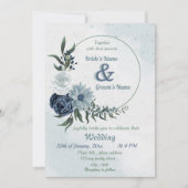 白と青のフローラ緑のリース結婚ズ 招待状 (正面)