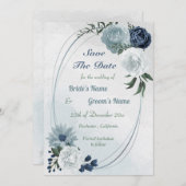 白と青のフローラ緑の幾何学的 セーブザデート (正面/裏面)