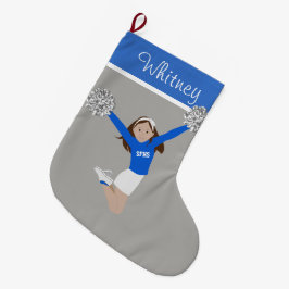 白と青のブルネットのチアリーダー ラージクリスマスストッキング