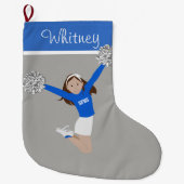 白と青のブルネットのチアリーダー ラージクリスマスストッキング (正面)