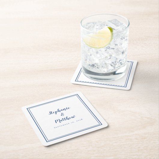 白と青のミニ結婚マリシンプルスモダント スクエアペーパーコースター (インサイチュ)