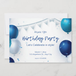 白と青のモダンな誕生日パーティー 招待状
