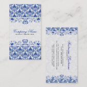 白と青のレトロ王室のフローラのダマスパターン 名刺 (正面/裏面)
