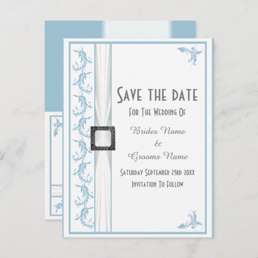 白と青のレースが日付を保存 案内ポストカード (正面/裏面)