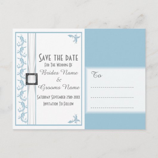 白と青のレースが日付を保存 案内ポストカード (裏面)