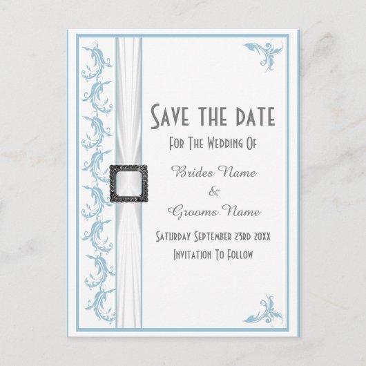 白と青のレースが日付を保存 案内ポストカード (正面)