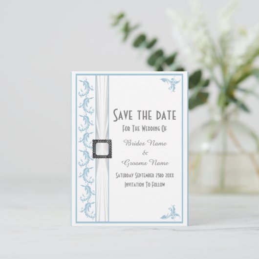 白と青のレースが日付を保存 案内ポストカード (スタンド正面)