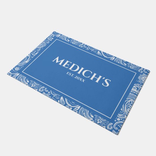 白と青のヴィンテージペイズリーパターンの書式 ドアマット (アングル)