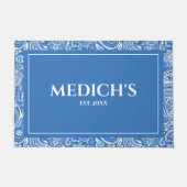 白と青のヴィンテージペイズリーパターンの書式 ドアマット (正面)