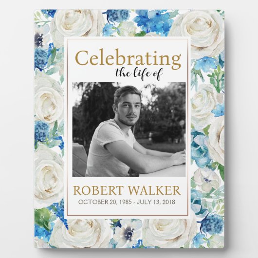 白と青の写真葬儀記念サイン フォトプラーク (正面)