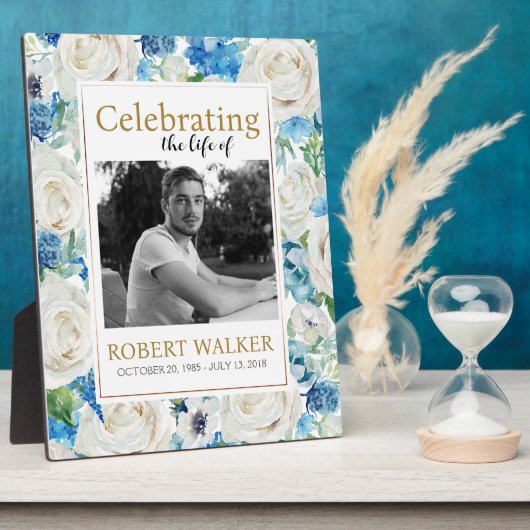 白と青の写真葬儀記念サイン フォトプラーク (側面)