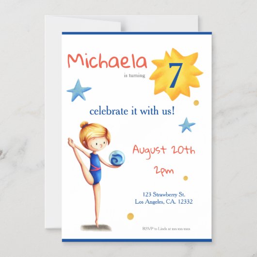 白と青の可愛いリズミカル体操図解入りの、写真付きの選手 マグネット招待状 (正面)