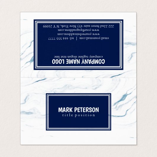 白と青の大理石のネイビーブルーフレーム 名刺 (外部フラット)