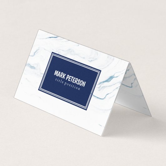 白と青の大理石のネイビーブルーフレーム 名刺 (正面)