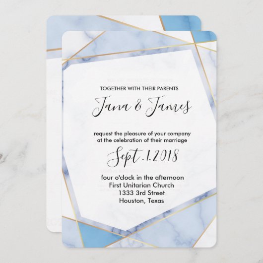 白と青の大理石の金ゴールドモダンフレ結婚ーム 招待状 (正面/裏面)
