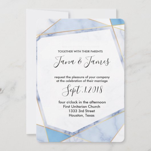 白と青の大理石の金ゴールドモダンフレ結婚ーム 招待状 (正面)